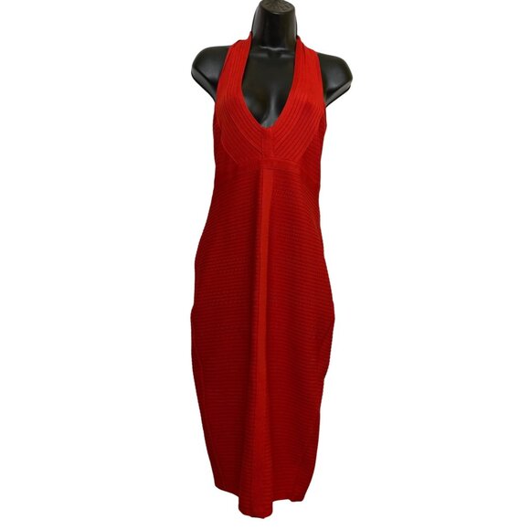 Fashion Nova Red Bandage Ribbed Sexy Halter Midi Dress Size Large Bodycon Club - Picture 1 of 4